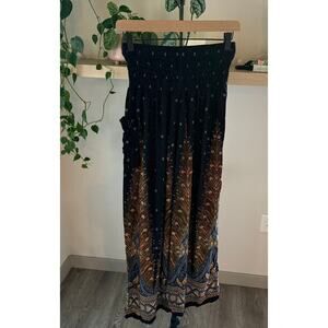 Orient Trail Boho Festival Black Wide Leg Smocked Waist Pants Rayon Women Medium